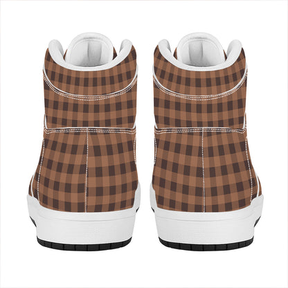 Dark Brown Check Pattern Print High Top Leather Sneakers