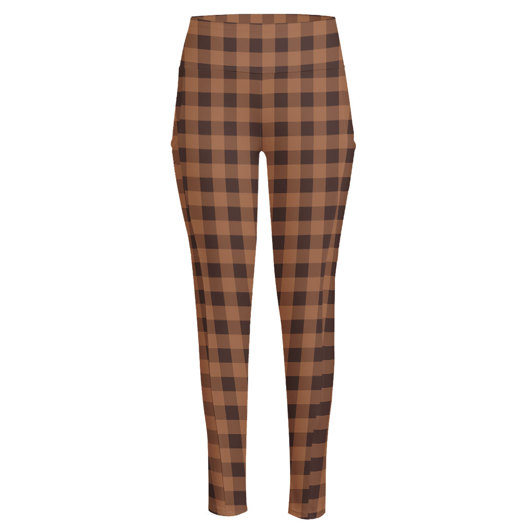 Dark Brown Check Pattern Print High-Waisted Pocket Leggings