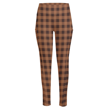 Dark Brown Check Pattern Print High-Waisted Pocket Leggings