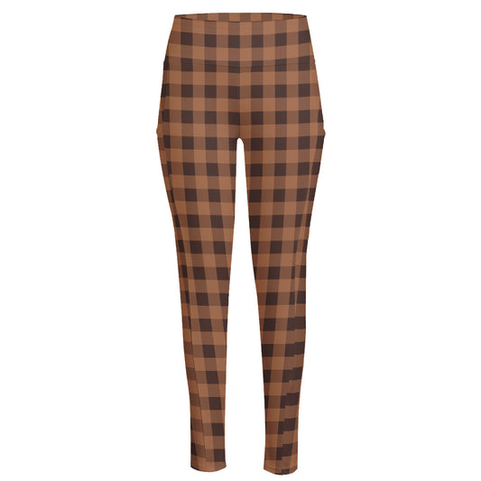 Dark Brown Check Pattern Print High-Waisted Pocket Leggings