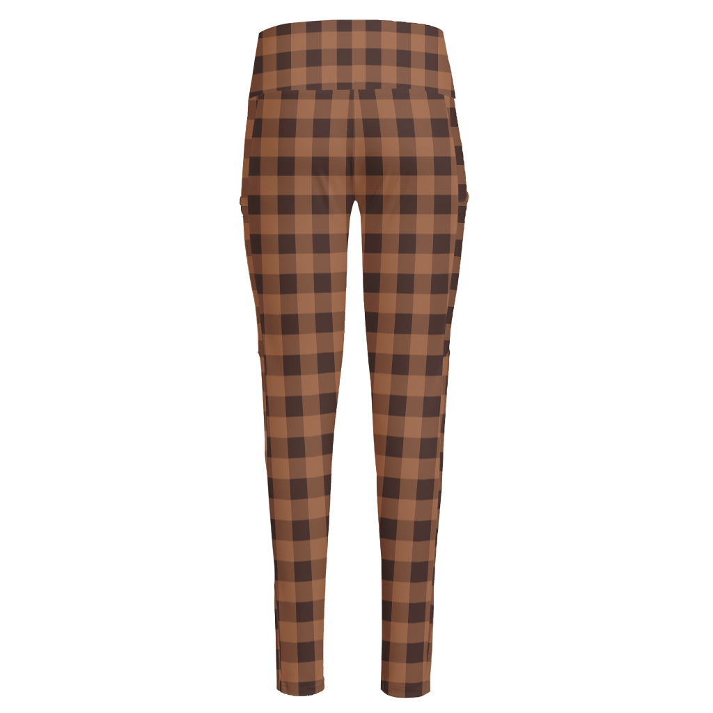 Dark Brown Check Pattern Print High-Waisted Pocket Leggings