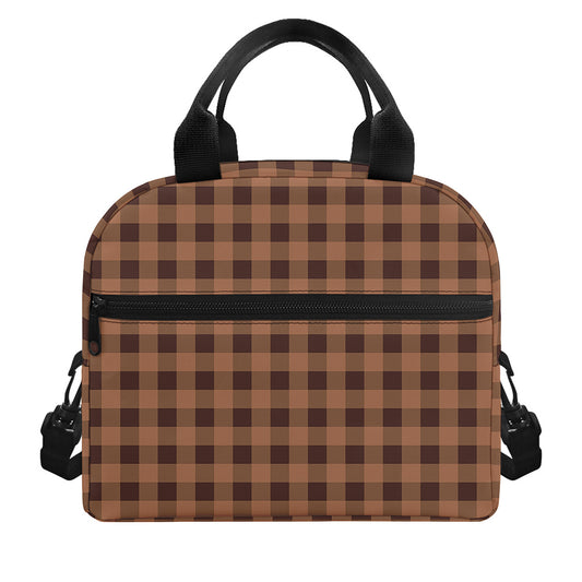 Dark Brown Check Pattern Print Insulated Lunch Bag