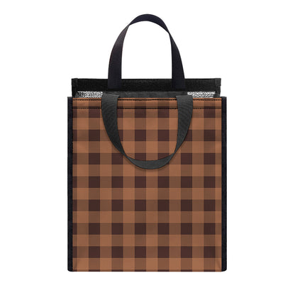 Dark Brown Check Pattern Print Insulated Lunch Tote