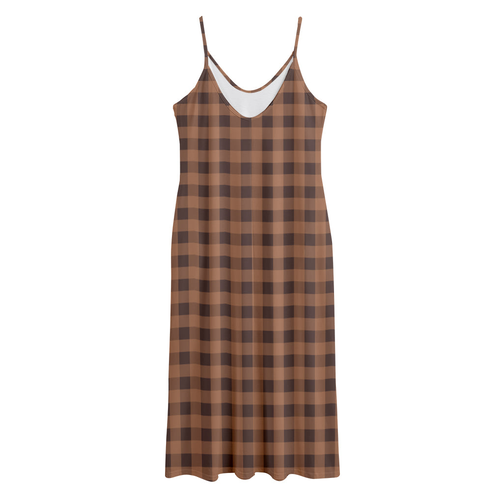 Dark Brown Check Pattern Print Jersey Midi Cami Dress