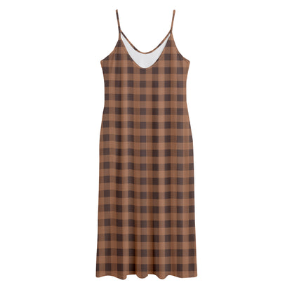 Dark Brown Check Pattern Print Jersey Midi Cami Dress