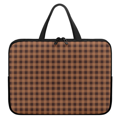 Dark Brown Check Pattern Print Laptop Sleeve With Handle