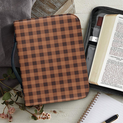 Dark Brown Check Pattern Print Leather Bible Cover