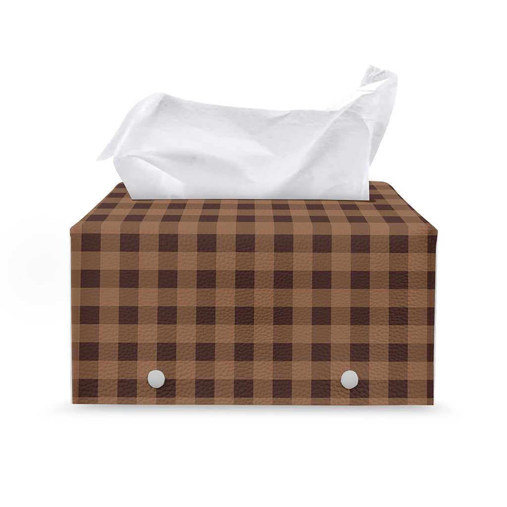 Dark Brown Check Pattern Print Leather Tissue Box Cover