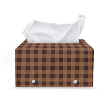 Dark Brown Check Pattern Print Leather Tissue Box Cover