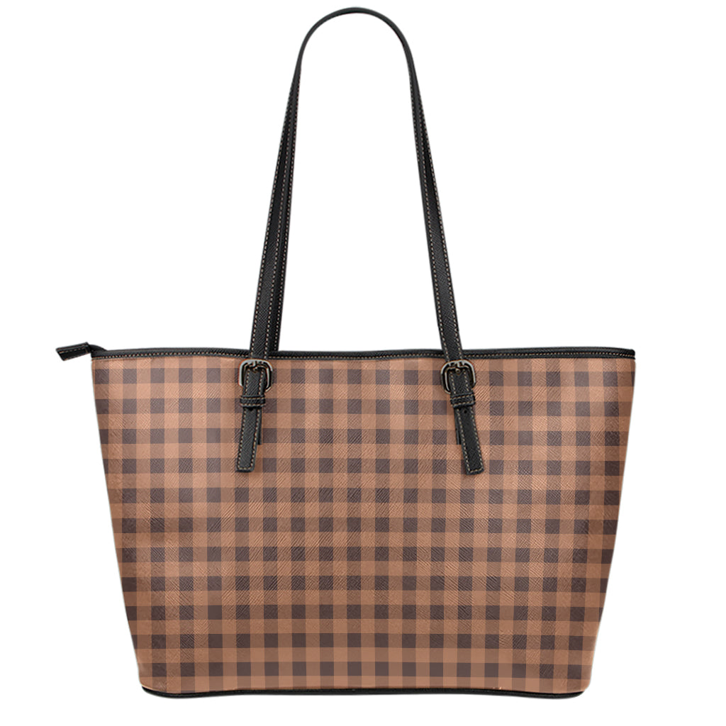 Dark Brown Check Pattern Print Leather Tote Bag