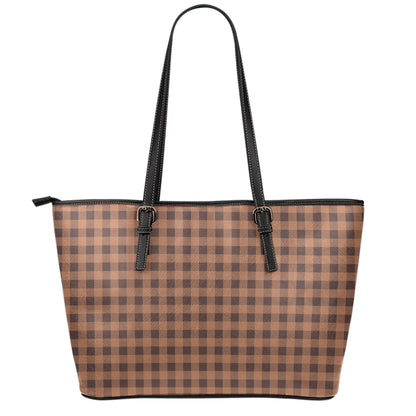 Dark Brown Check Pattern Print Leather Tote Bag