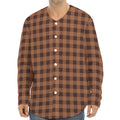 Dark Brown Check Pattern Print Long Sleeve Baseball Jersey