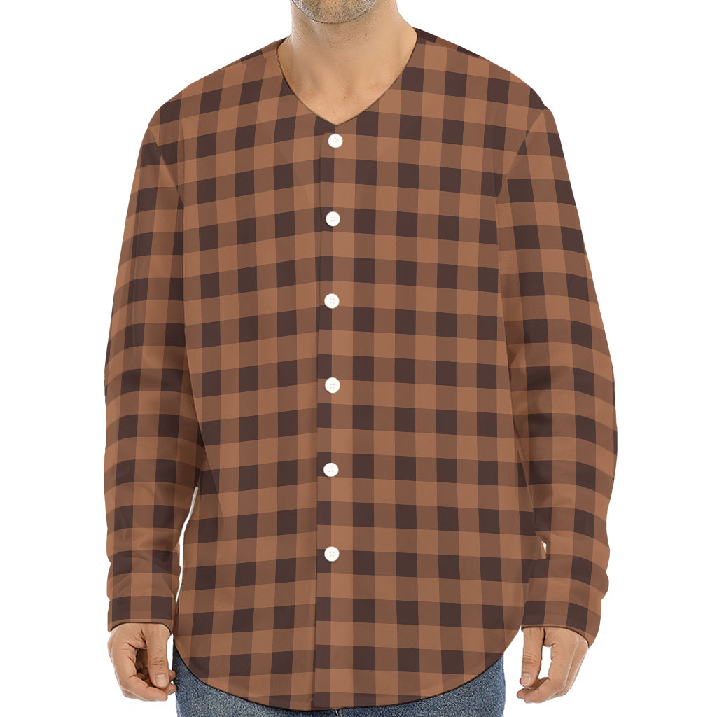 Dark Brown Check Pattern Print Long Sleeve Baseball Jersey