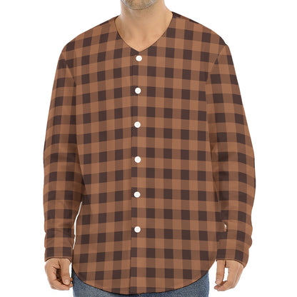Dark Brown Check Pattern Print Long Sleeve Baseball Jersey