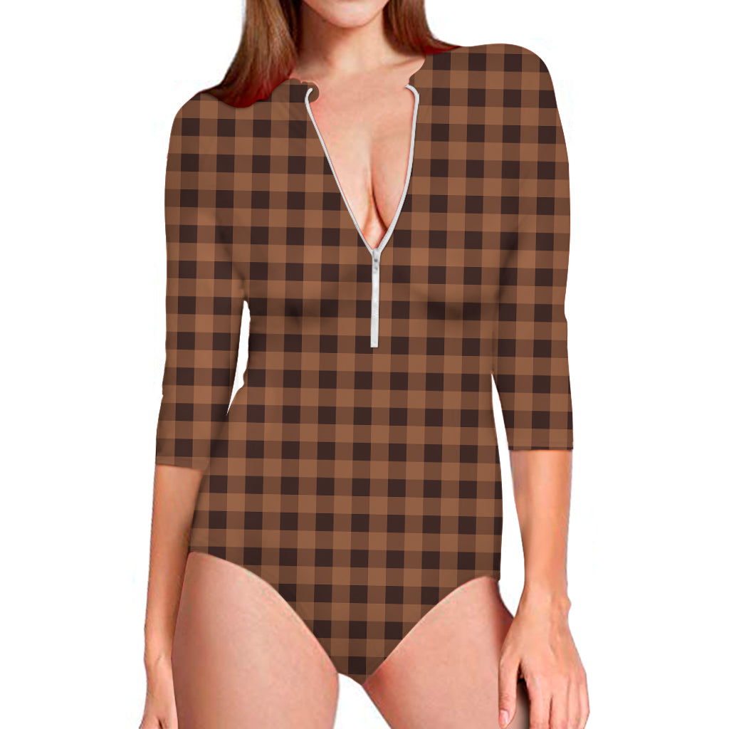 Dark Brown Check Pattern Print Long Sleeve Swimsuit