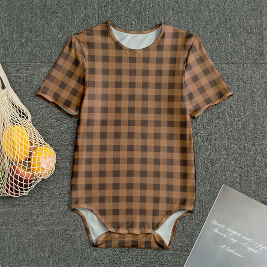 Dark Brown Check Pattern Print Men's Bodysuit