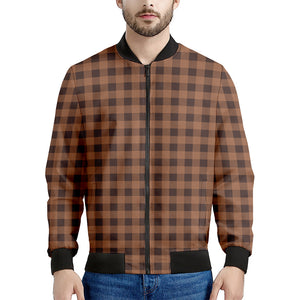 Dark Brown Check Pattern Print Men's Bomber Jacket