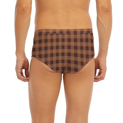 Dark Brown Check Pattern Print Men's Briefs