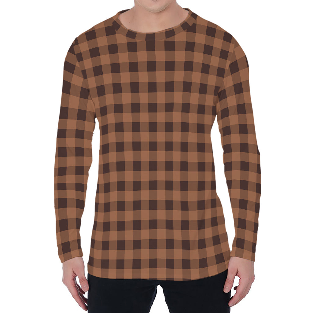 Dark Brown Check Pattern Print Men's Long Sleeve T-Shirt
