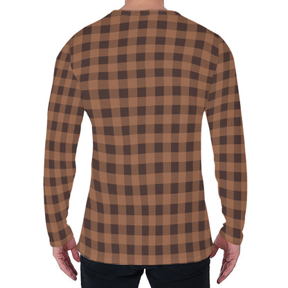 Dark Brown Check Pattern Print Men's Long Sleeve T-Shirt