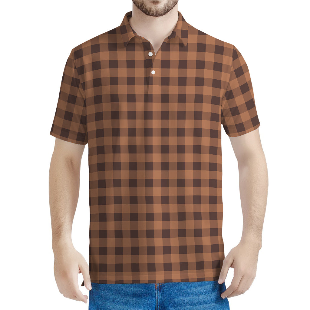 Dark Brown Check Pattern Print Men's Polo Shirt