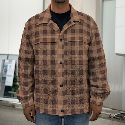 Dark Brown Check Pattern Print Men's Shirt Jacket