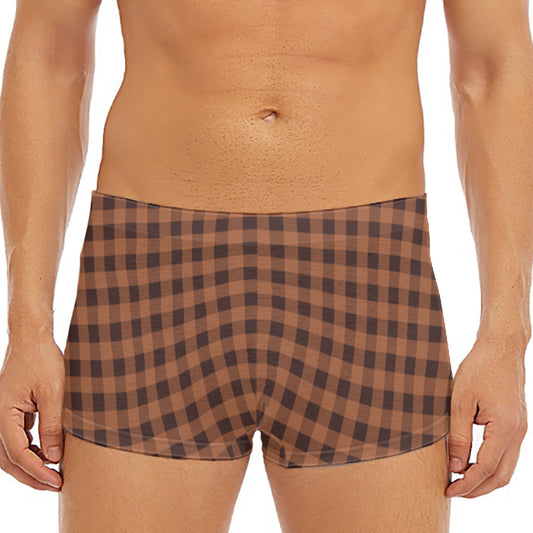 Dark Brown Check Pattern Print Men's Short Boxer Briefs