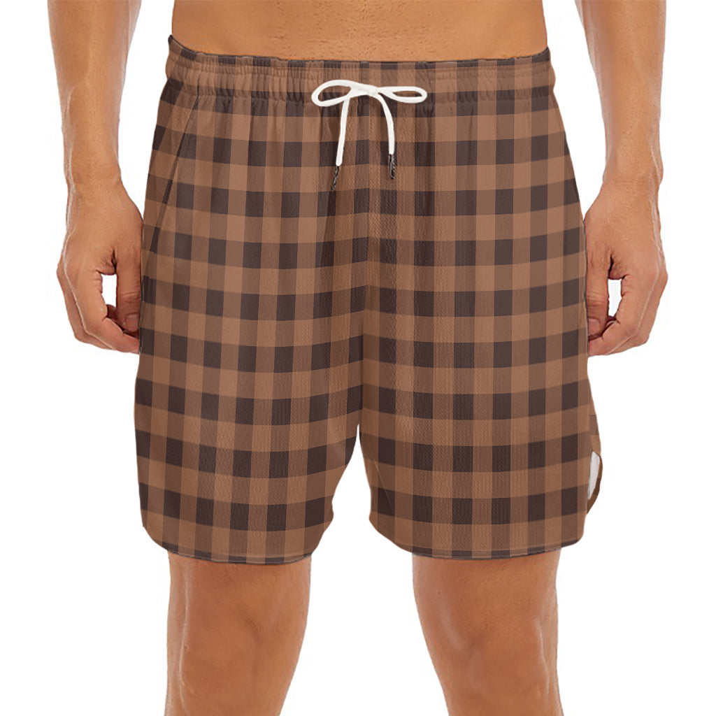 Dark Brown Check Pattern Print Men's Split Running Shorts