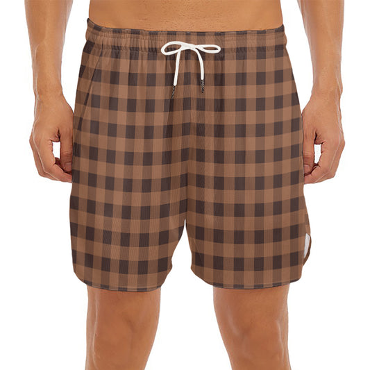 Dark Brown Check Pattern Print Men's Split Running Shorts