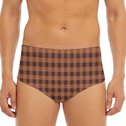 Dark Brown Check Pattern Print Men's Triangle Swim Briefs