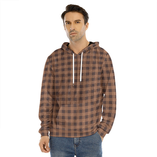 Dark Brown Check Pattern Print Men's Velvet Pullover Hoodie