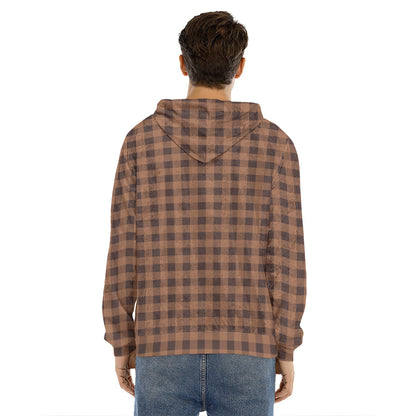 Dark Brown Check Pattern Print Men's Velvet Pullover Hoodie