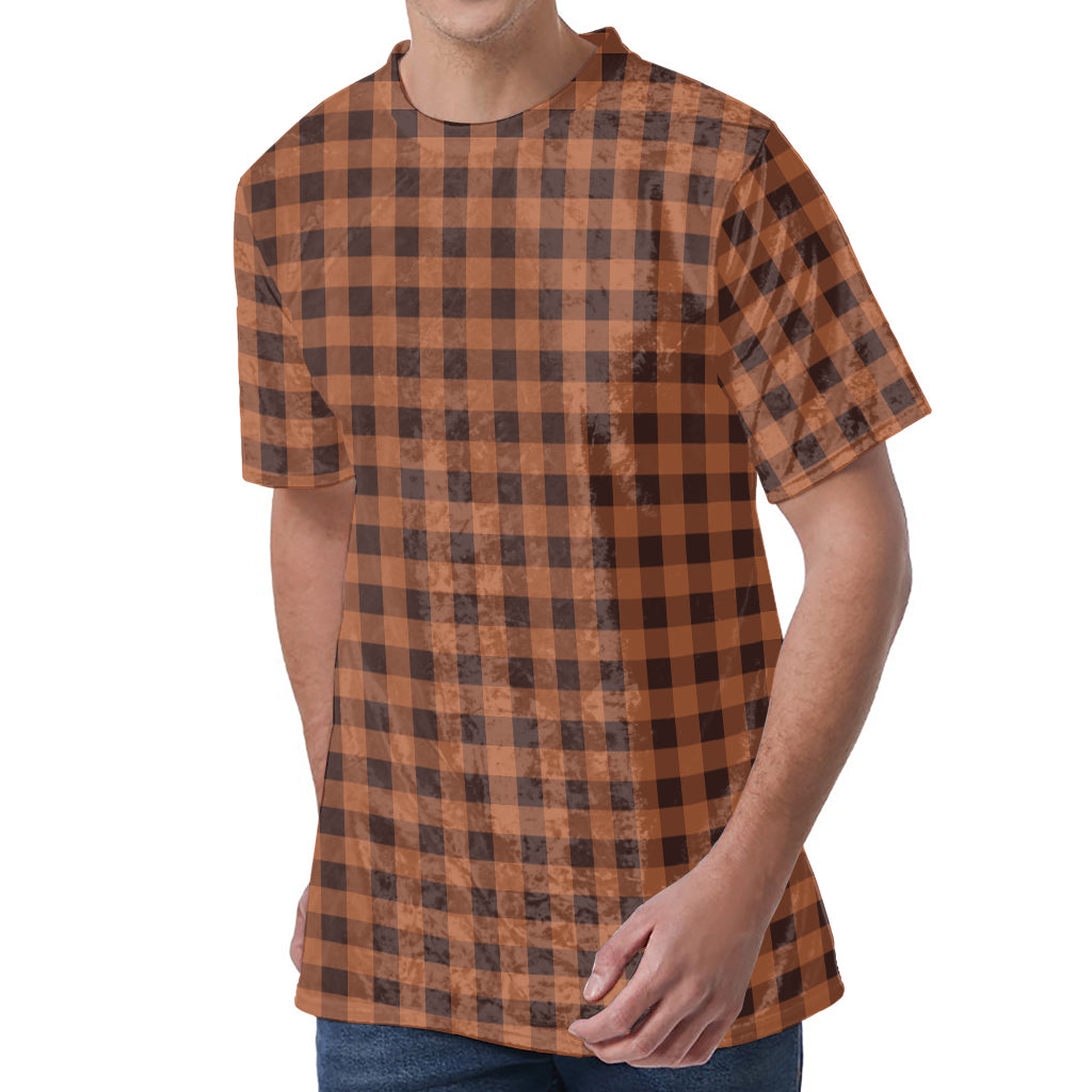 Dark Brown Check Pattern Print Men's Velvet T-Shirt