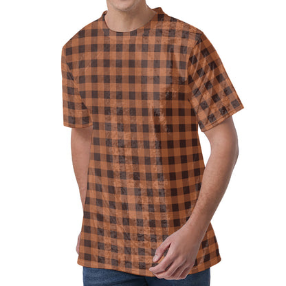 Dark Brown Check Pattern Print Men's Velvet T-Shirt