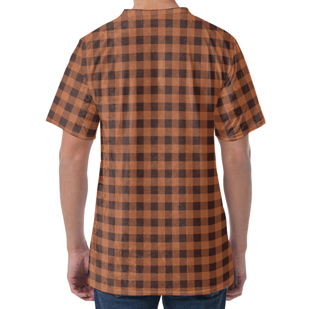 Dark Brown Check Pattern Print Men's Velvet T-Shirt