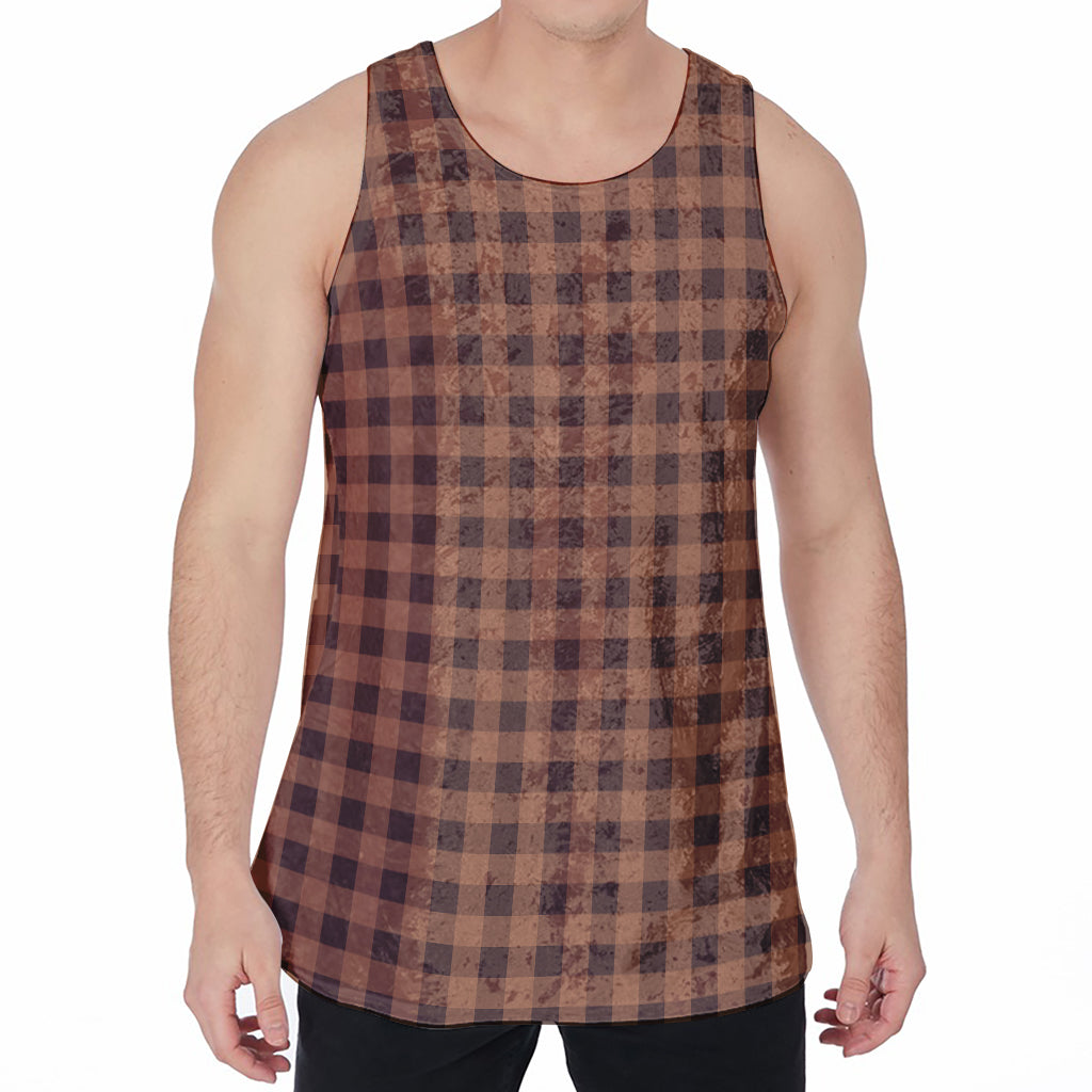 Dark Brown Check Pattern Print Men's Velvet Tank Top
