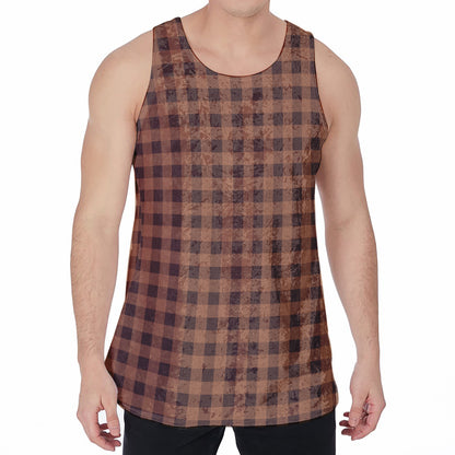 Dark Brown Check Pattern Print Men's Velvet Tank Top