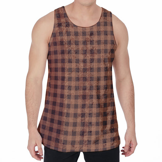 Dark Brown Check Pattern Print Men's Velvet Tank Top