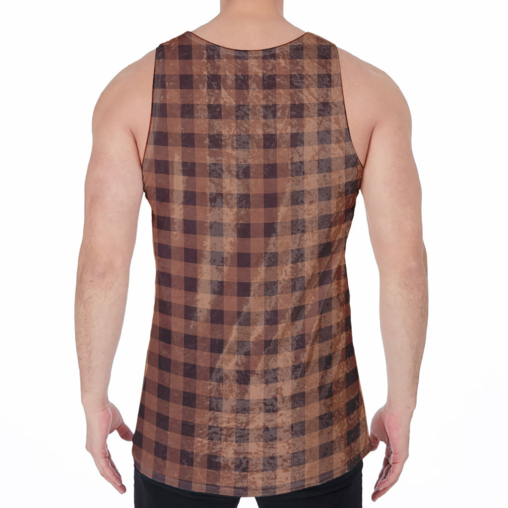 Dark Brown Check Pattern Print Men's Velvet Tank Top