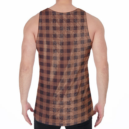 Dark Brown Check Pattern Print Men's Velvet Tank Top