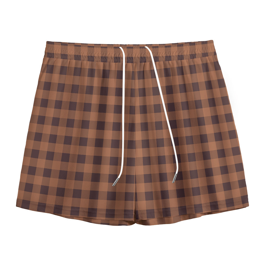 Dark Brown Check Pattern Print Mesh Shorts