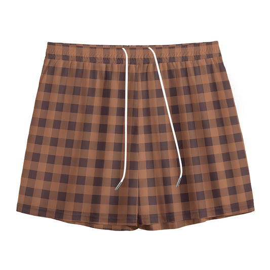 Dark Brown Check Pattern Print Mesh Shorts