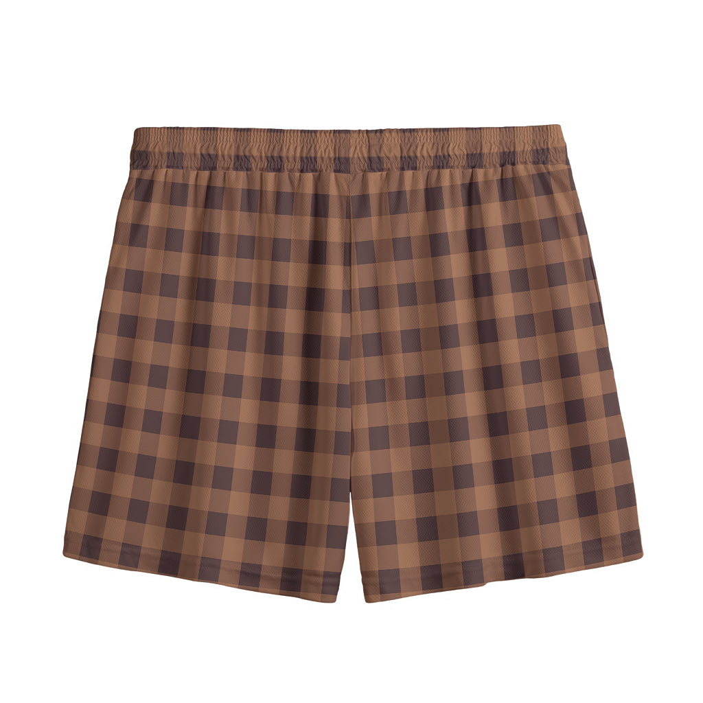 Dark Brown Check Pattern Print Mesh Shorts