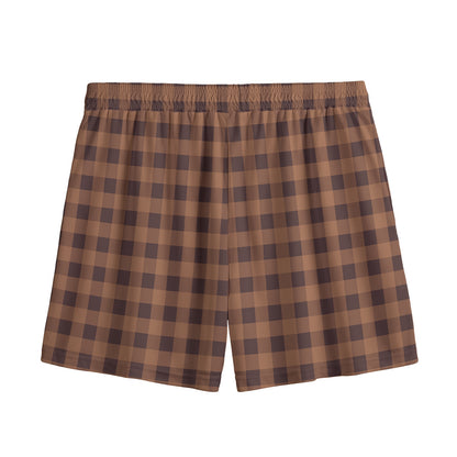 Dark Brown Check Pattern Print Mesh Shorts