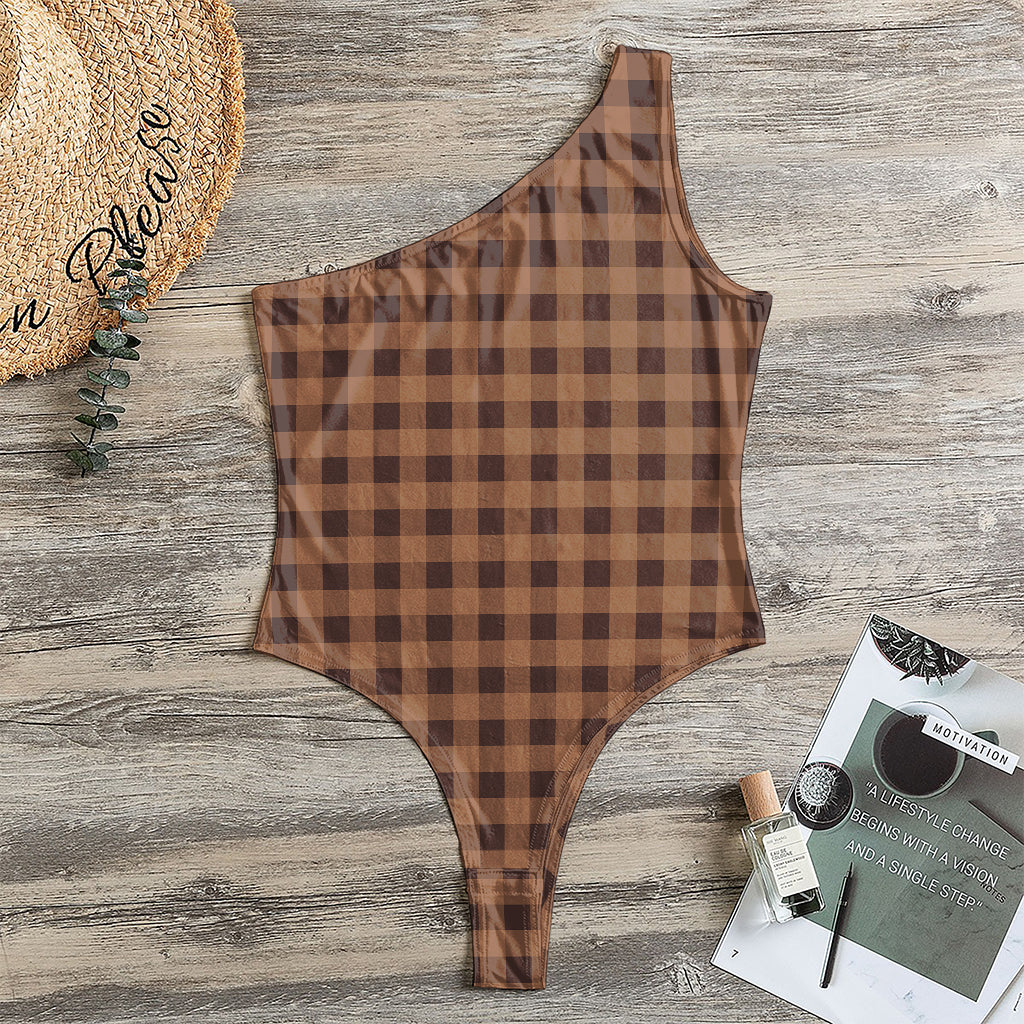 Dark Brown Check Pattern Print One Shoulder Bodysuit