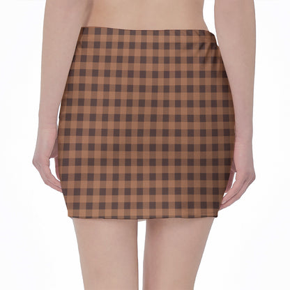 Dark Brown Check Pattern Print Pencil Mini Skirt