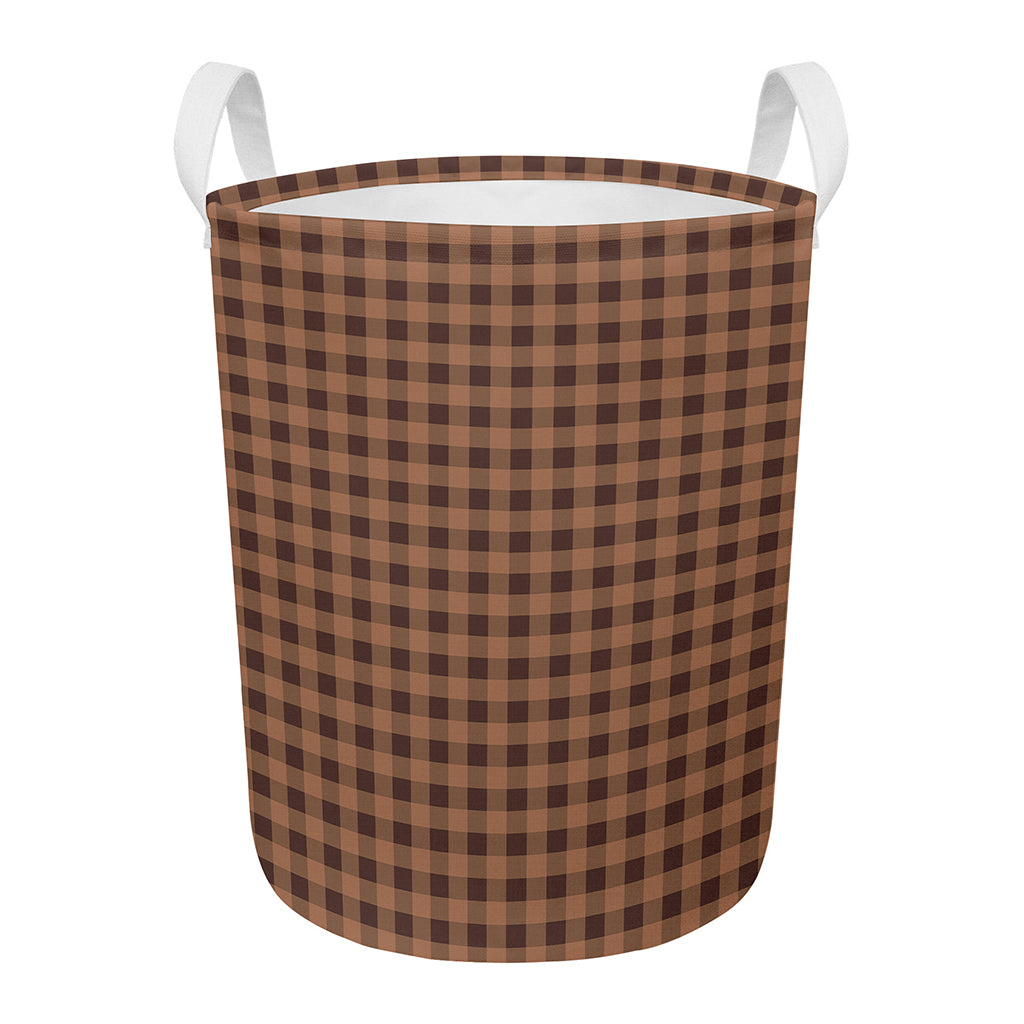 Dark Brown Check Pattern Print Round Laundry Basket