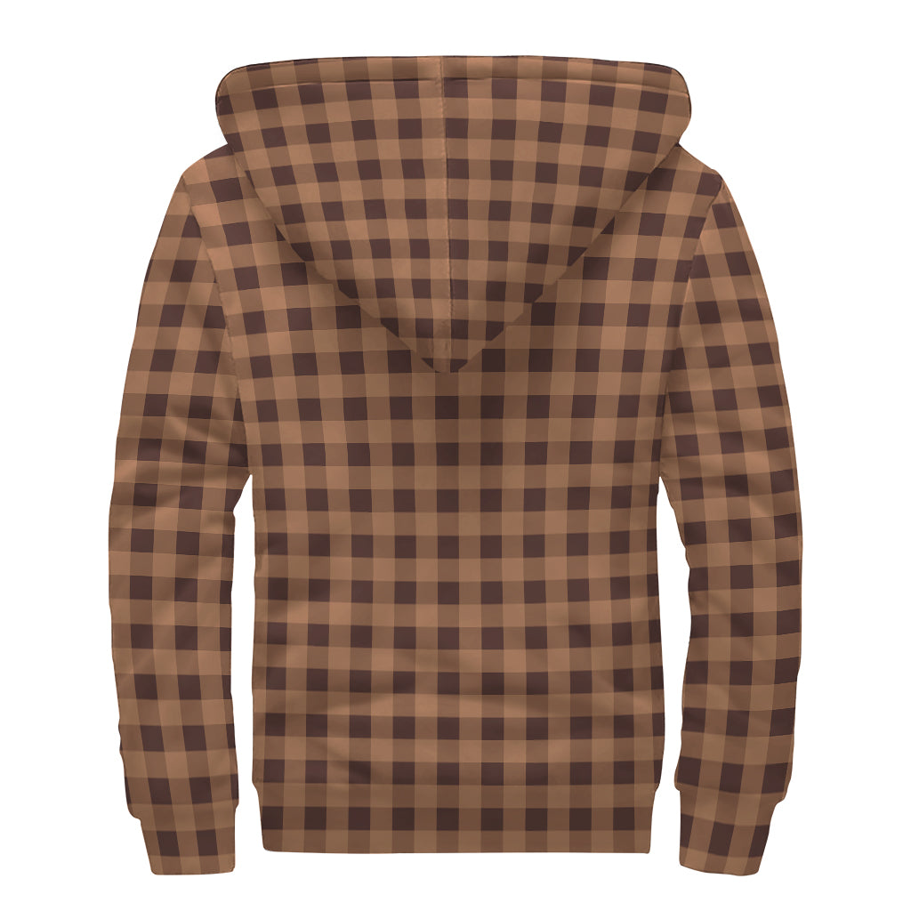 Dark Brown Check Pattern Print Sherpa Lined Zip Up Hoodie