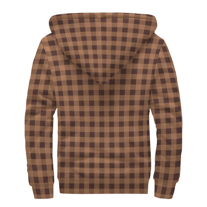 Dark Brown Check Pattern Print Sherpa Lined Zip Up Hoodie
