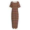 Dark Brown Check Pattern Print Short Sleeve Long Nightdress